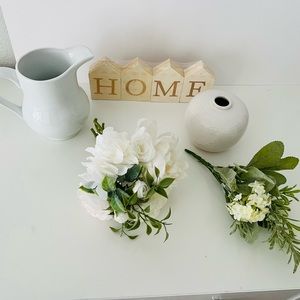 Vases with decorative flowers. Wood Home Letter Sign, neutral colors